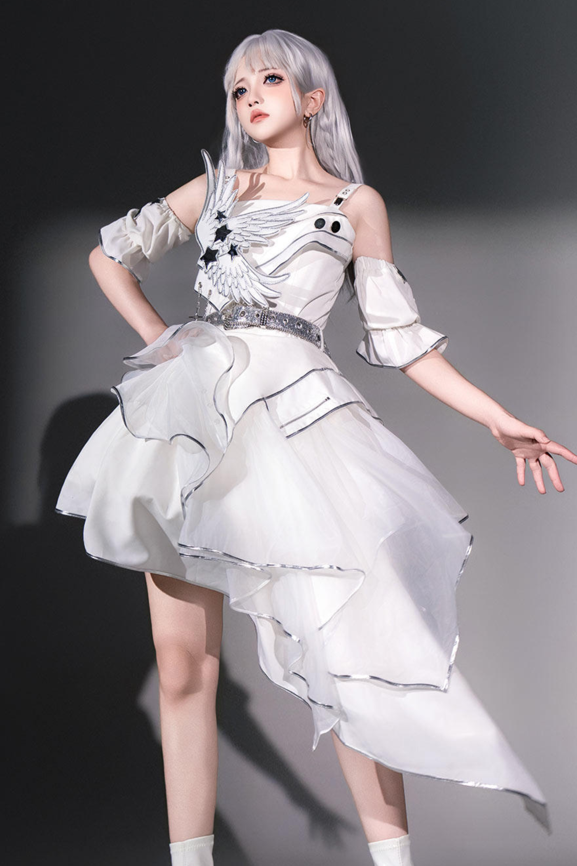 Silver Cyberpunk Lolita Dress + Sleeves + Belt Belchic Silver Cyberpunk Lolita Dress + Sleeves + Belt Belchic