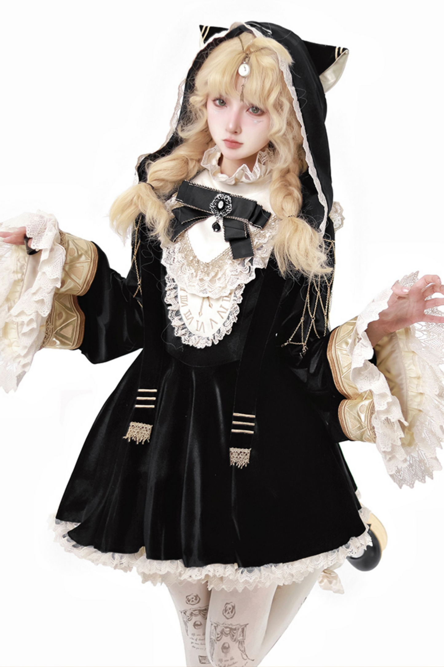 黒猫フリルクロックロリータドレス+パンプキンパンツ