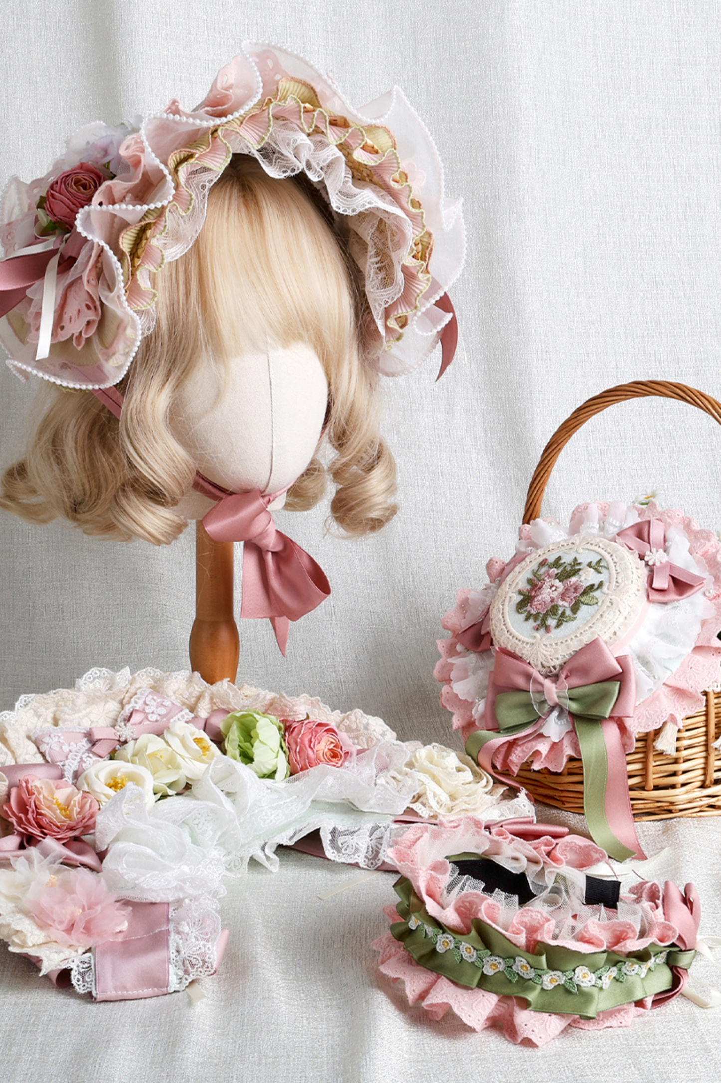 カントリーブーケロリータボンネット+フラットハット+クリップハット+ヘアバンド