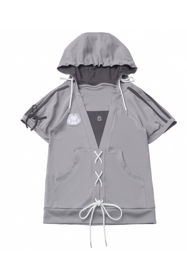 Lace-Up Hooded Top + Loose T-Shirt + Balloon Skirt