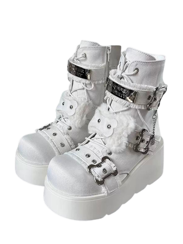 スモールボーンデニムラウンドトゥプラットフォームショートブーツ