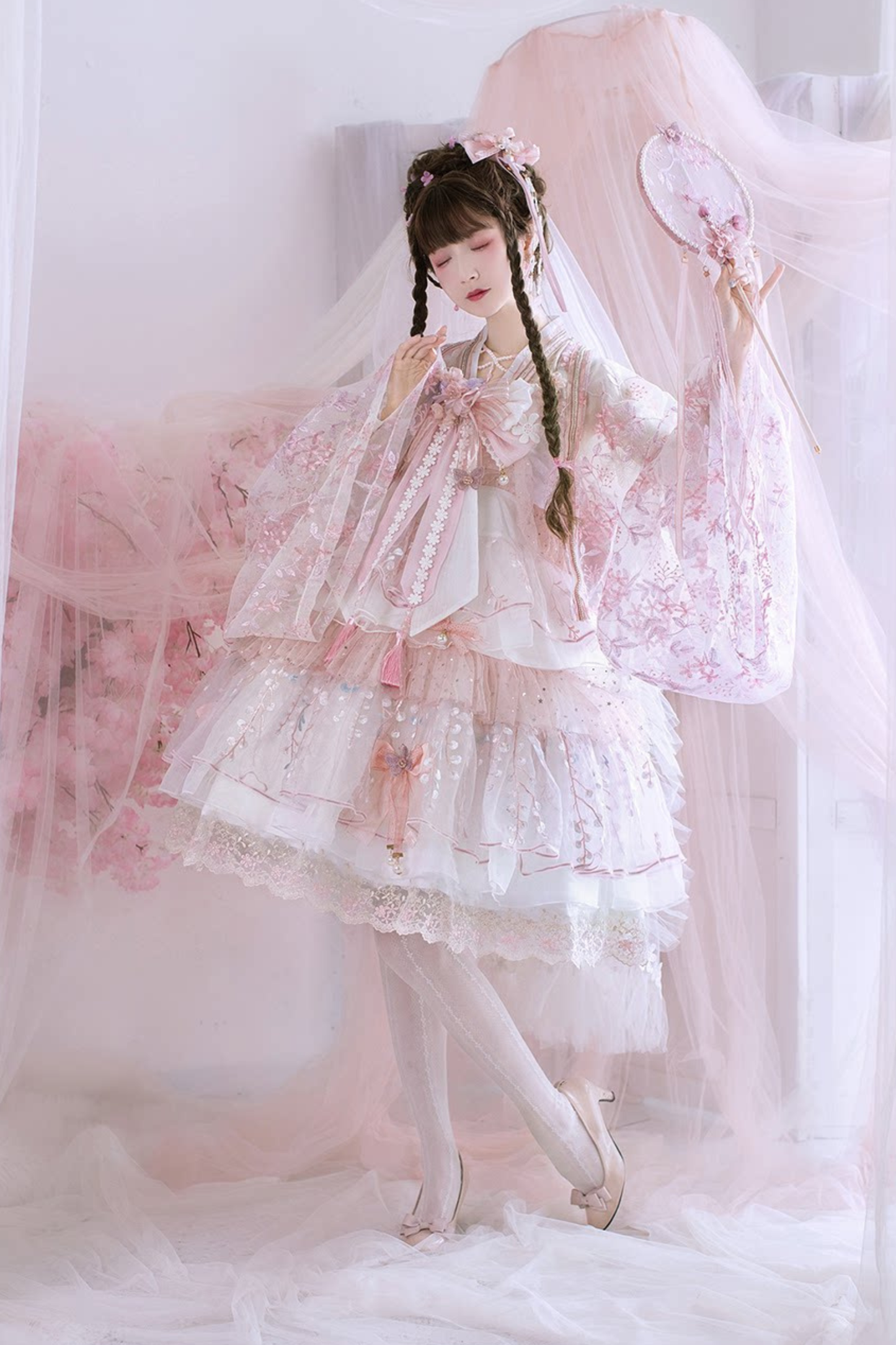 사쿠라 스위트 차이나 로리타 셔츠 + 목걸이 + 리본 + 베일 + 클립