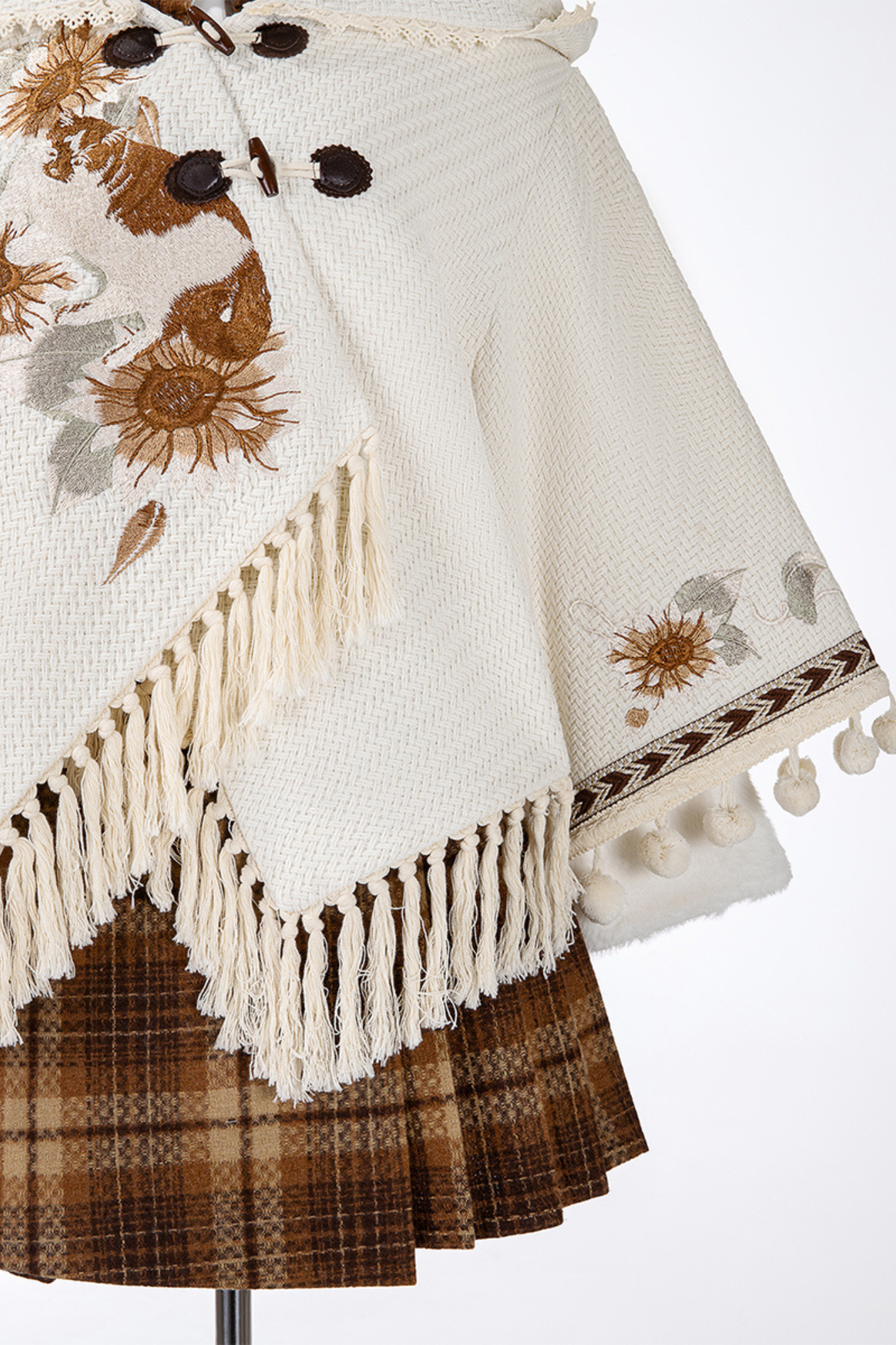 Retro Flower Design Cloak + Check Skirt + Shirt