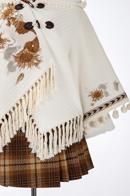 Retro Flower Design Cloak + Check Skirt + Shirt