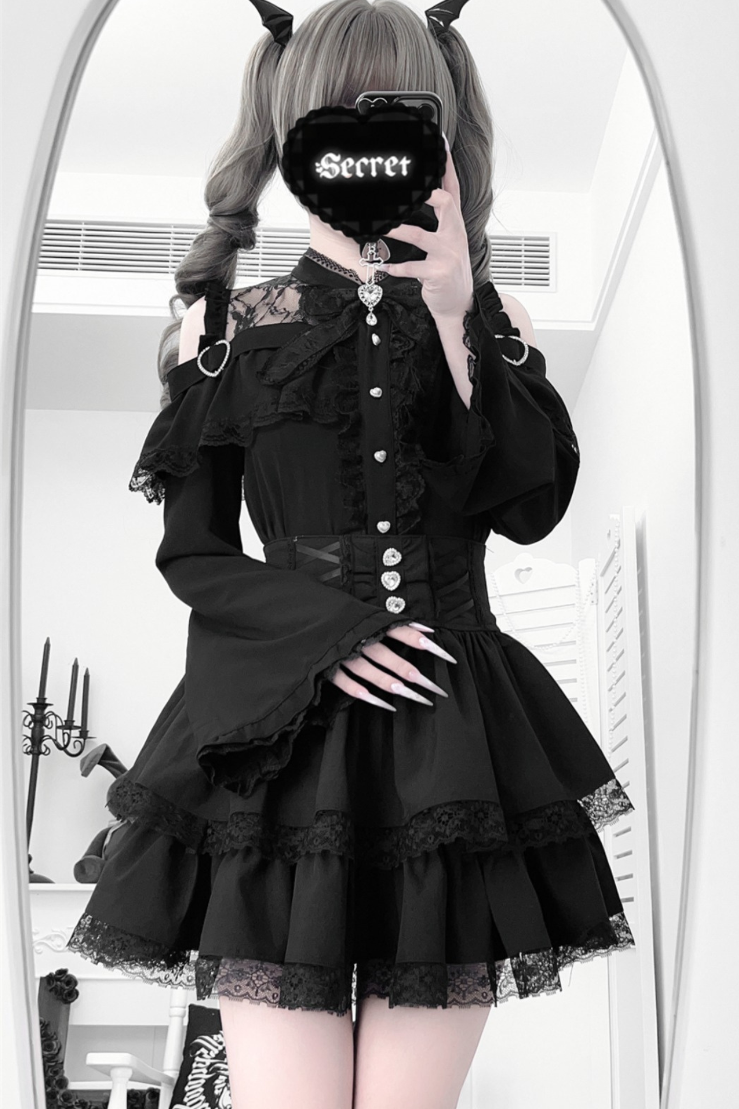 Lace off-the-shoulder shirt + lace-up skirt