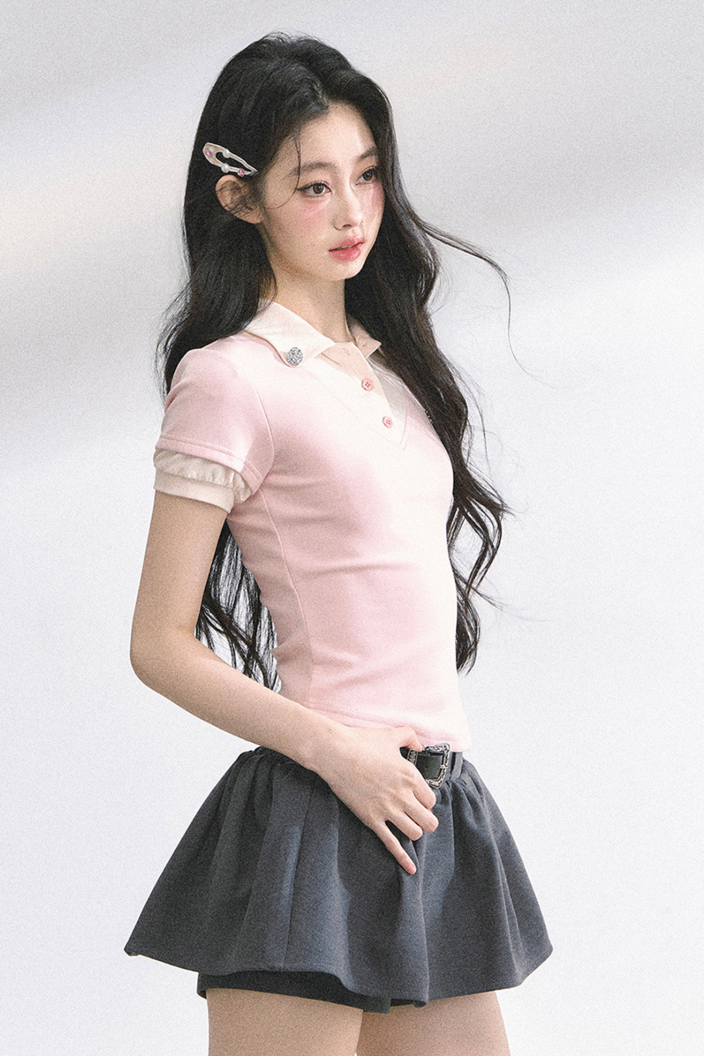 フレンチシャツタイトガーリートップス