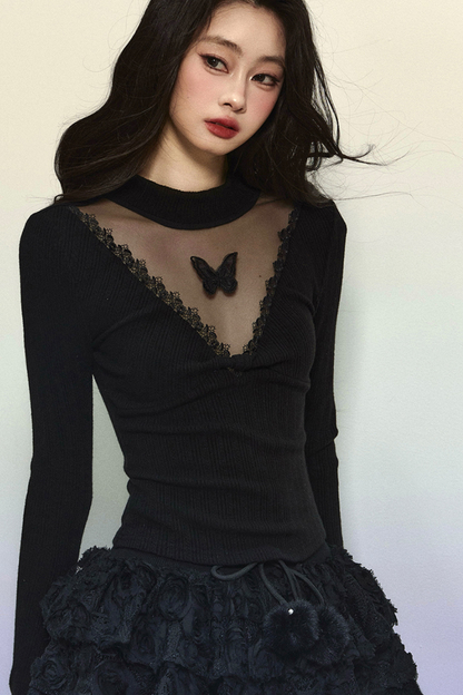 Sheer Butterfly V-Neck Knit