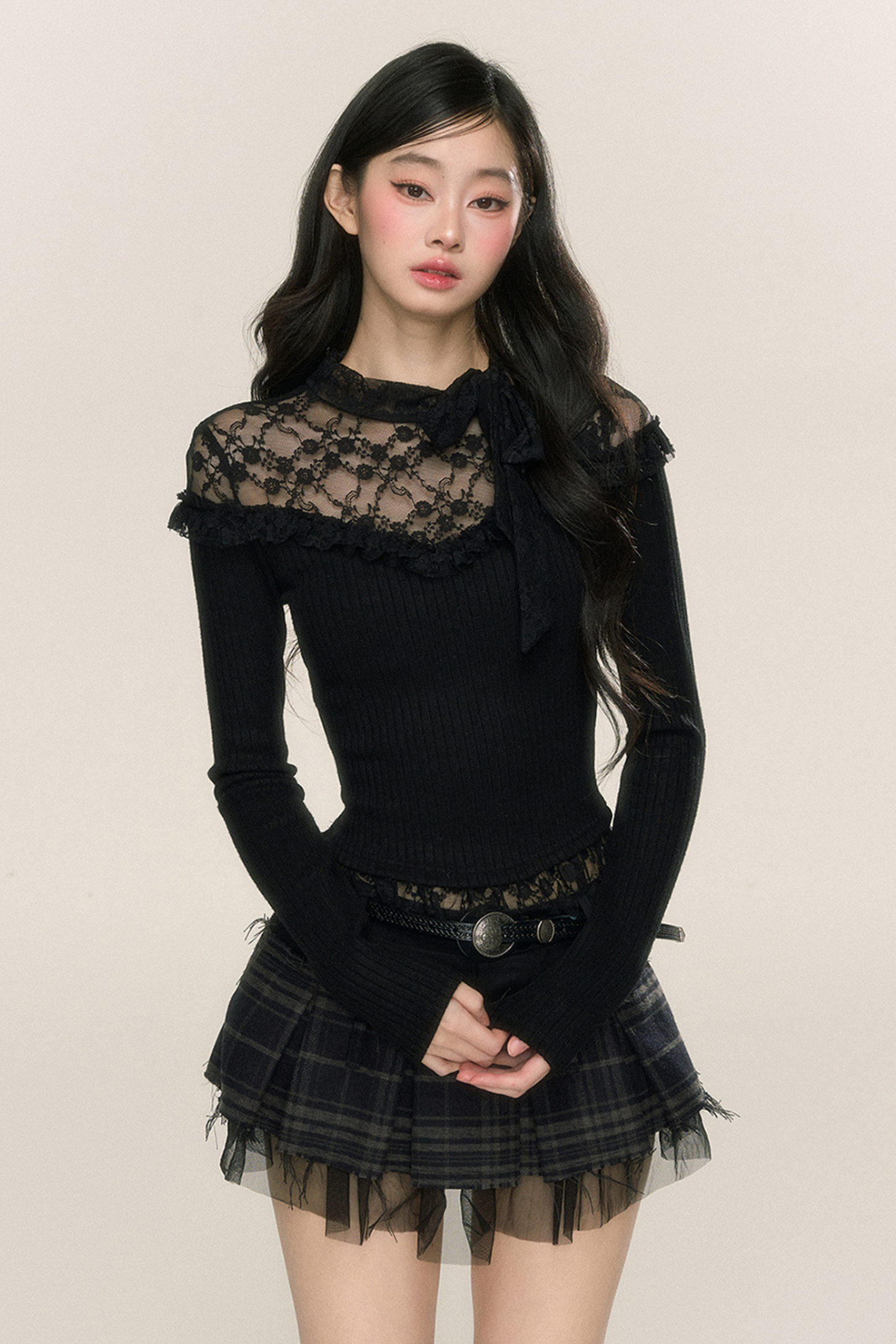 [Reservations] Lace Collar Ribbon Ribbed Top