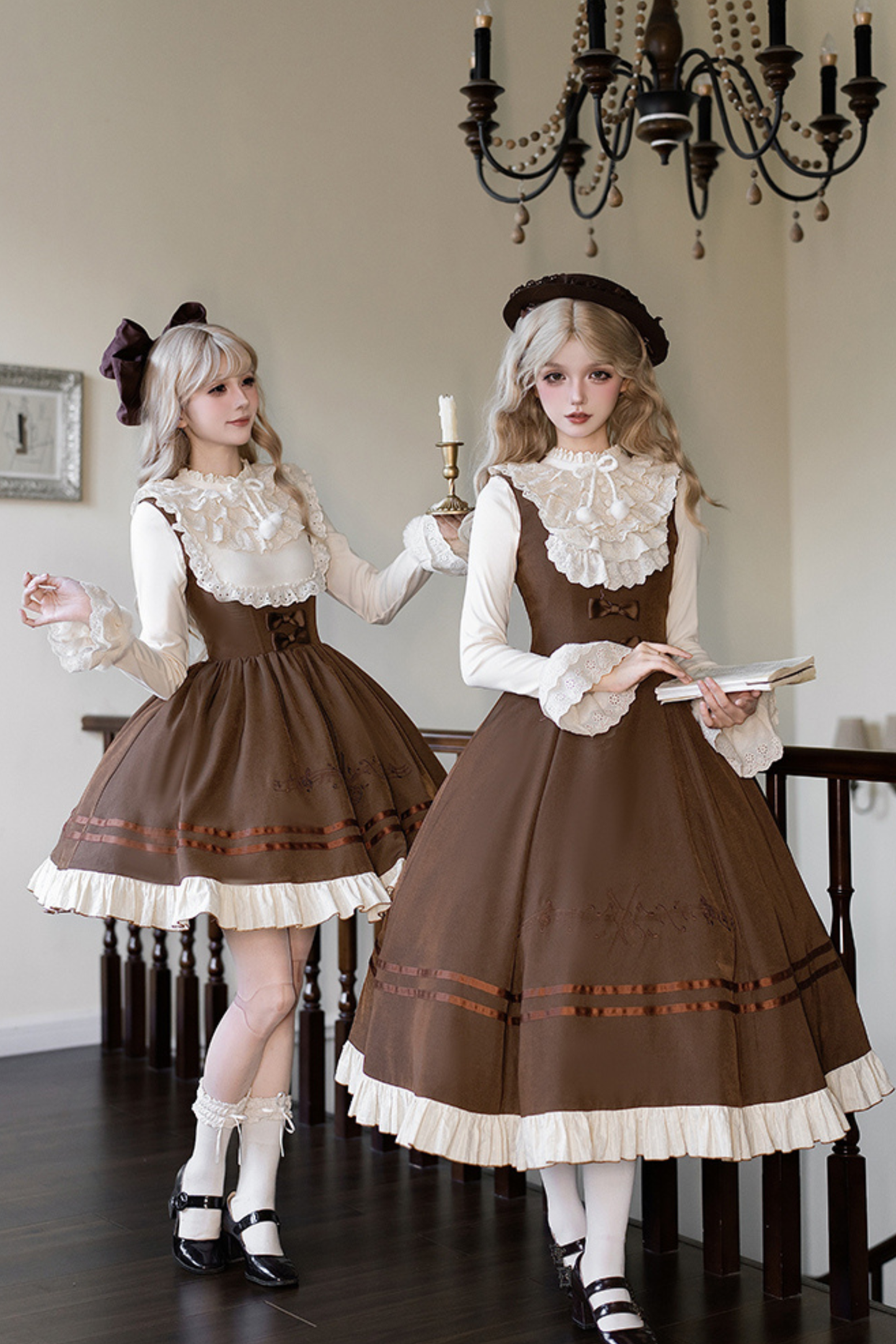 ツインフリルドールジャンパースカート+トップス+リボン+ハット