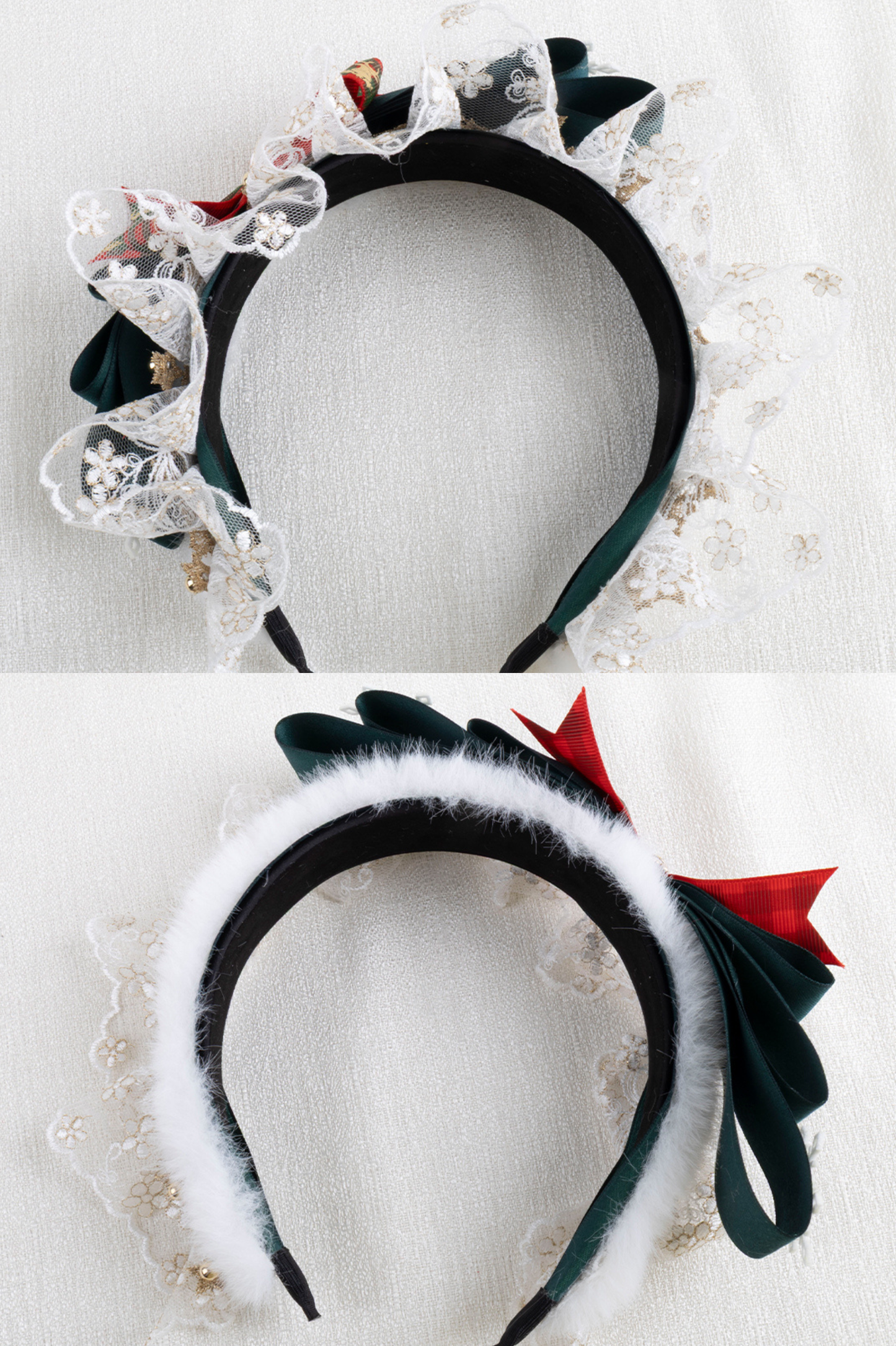 クリスマスチェックヘアーオーナメントリボンクリップ+ハットクリップ+ヘアバンド