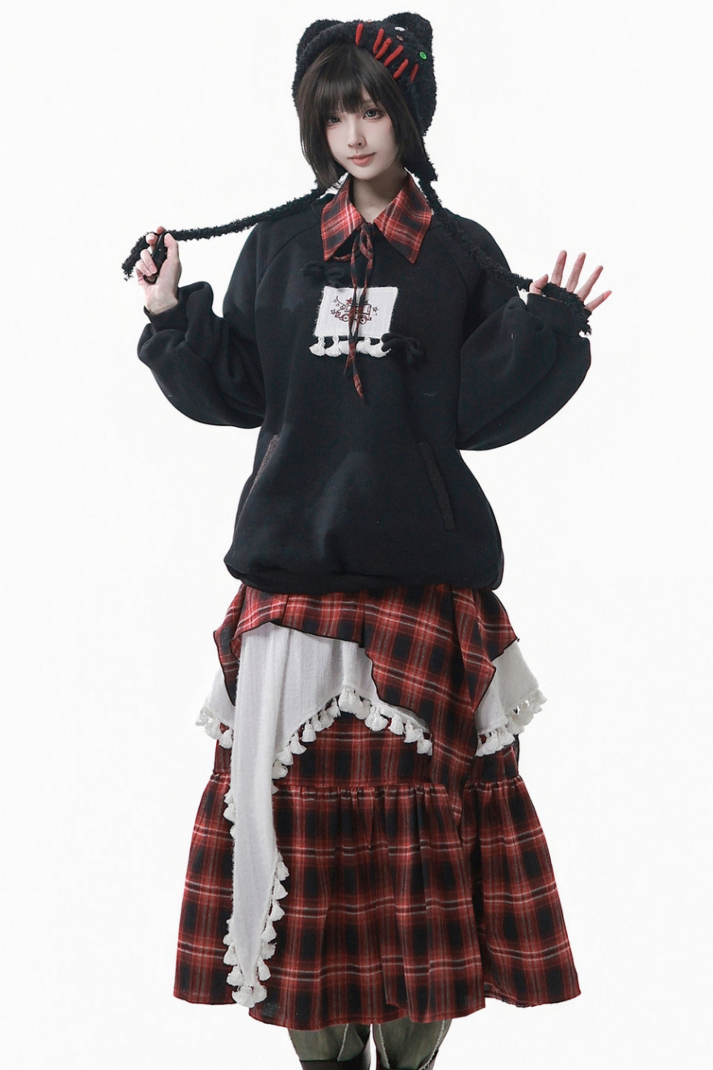 ルーズフリーススウェット+チェックスカート