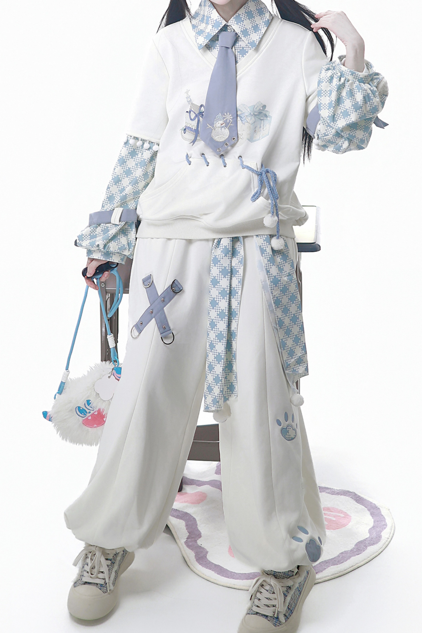 デジタルチェックトップス+ワイドパンツ+ベルト+ネクタイ