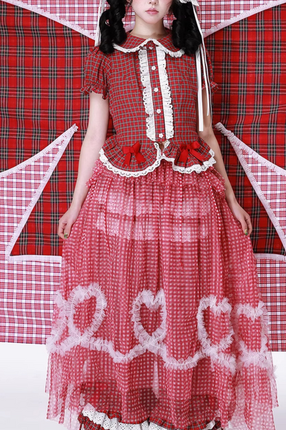 Retro Heart Mesh Plaid Skirt