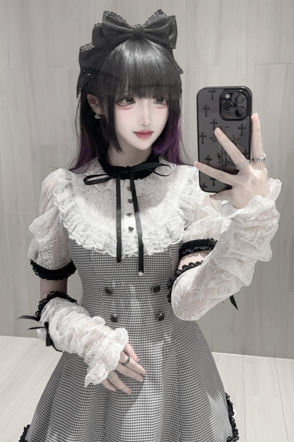 [3월 15일 예약마감] 깅엄 체크 다크 스위트 레이스 원피스 + 반바지