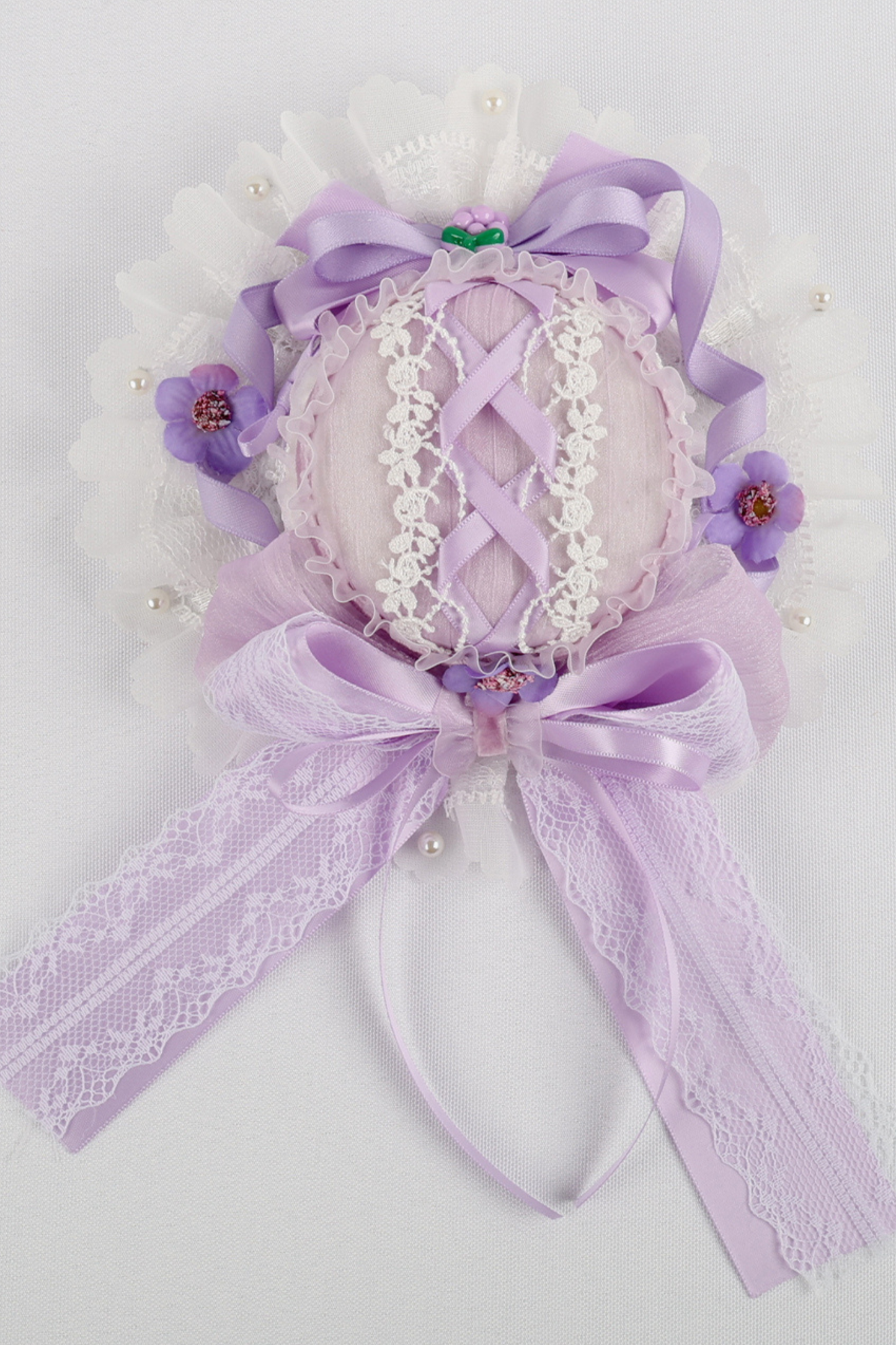 パープルブライダルリボンフラワーボンネット+ハットクリップ+ヘアバンド+リボンクリップ+スリーブ