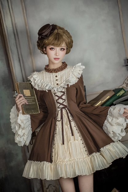 レーススタンドカラーフレアスリーブツインドールロリータドレス+カラー+ハット