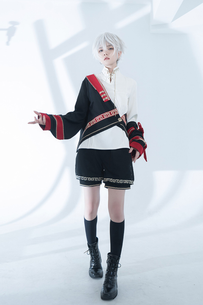 レトロスタンドカラーシャツ+ハーフパンツ+ジャケット