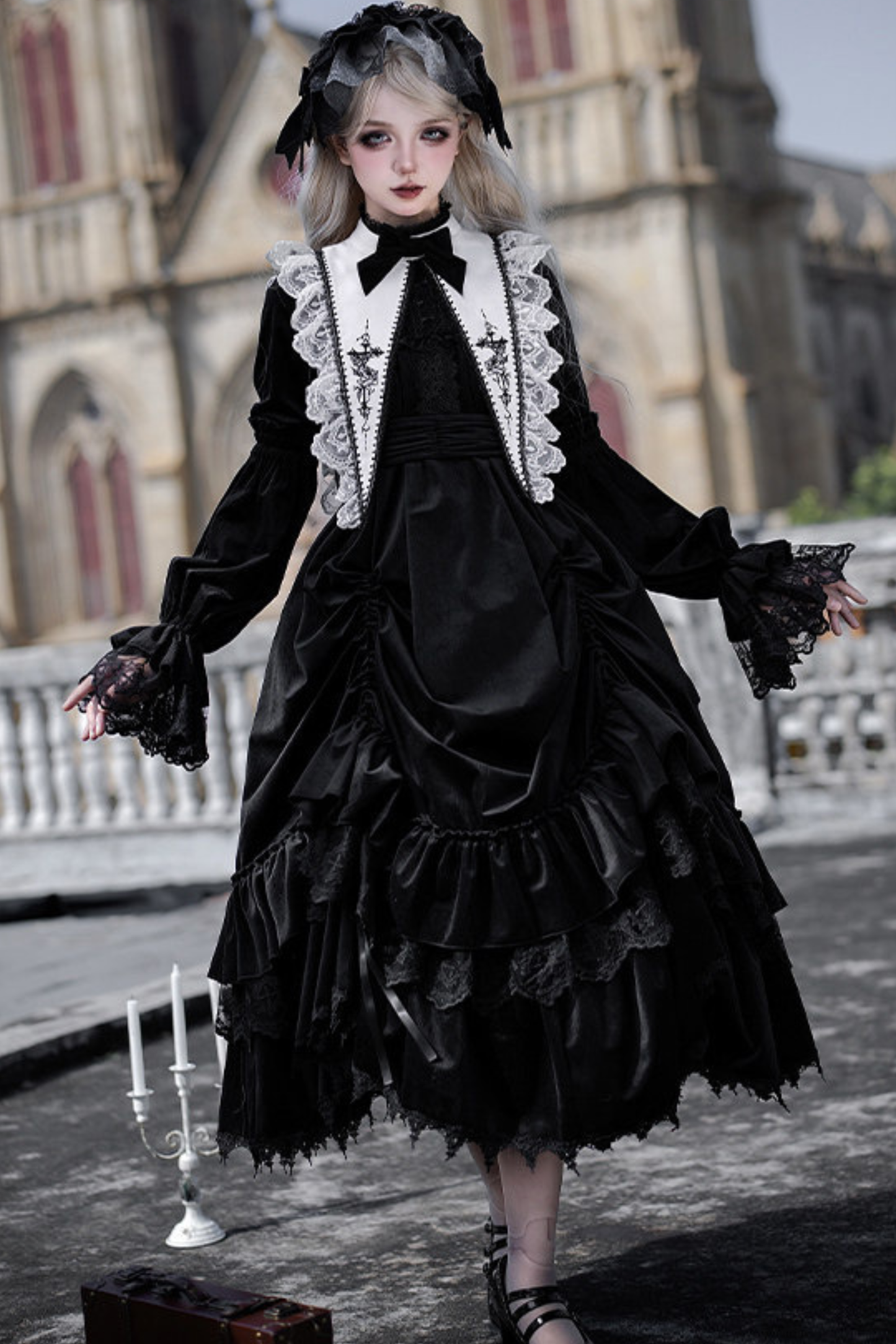 Gothic Doll Multi-Tiered Dress + Belt + Fake Collar + Hairband