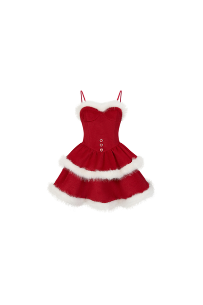 レッドベルベットケーキファーコート+サスペンダースカート+スリーブ