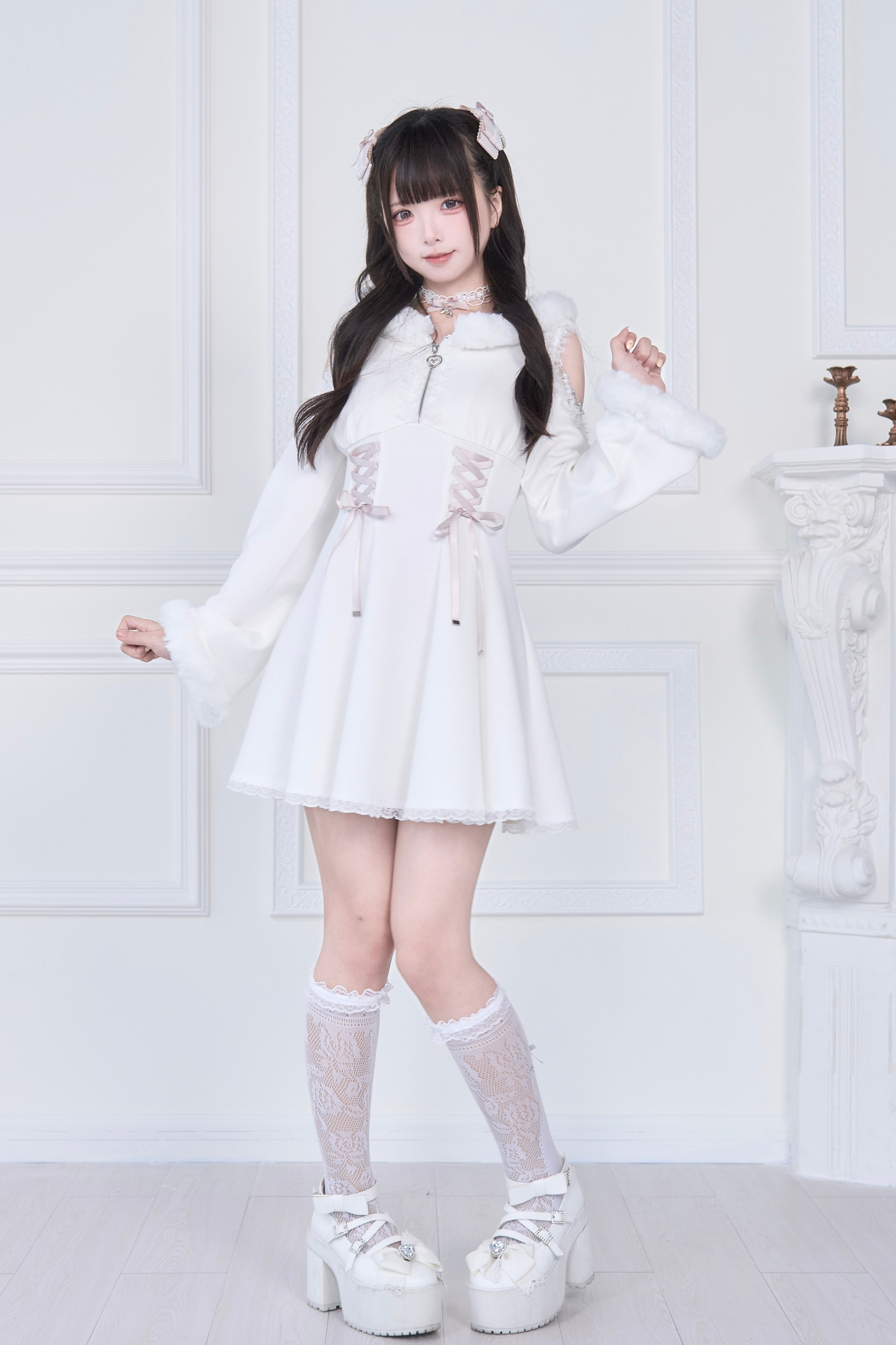 Lace-up Off-the-shoulder Fur Hooded Dress