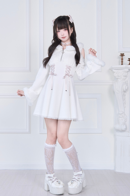 Lace-up Off-the-shoulder Fur Hooded Dress