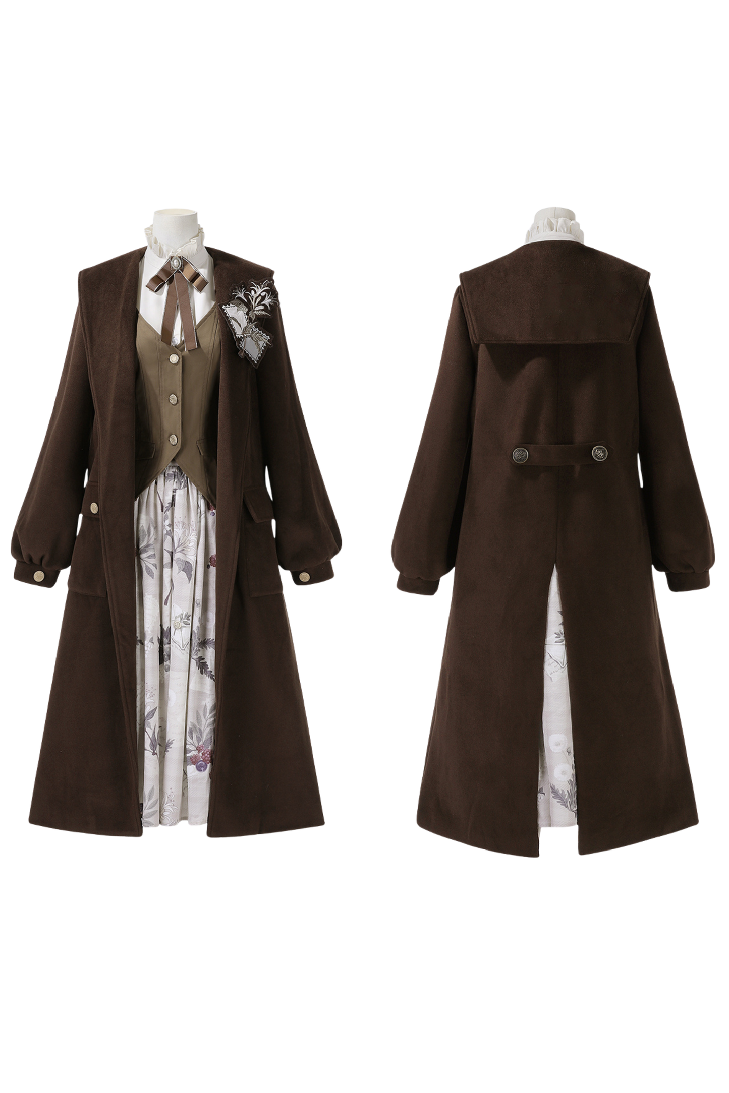 レトロロングコート+スカート+シャツ+ベスト