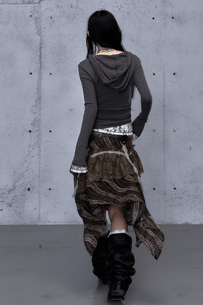 레이스 패치워크 타이트 후드 파커