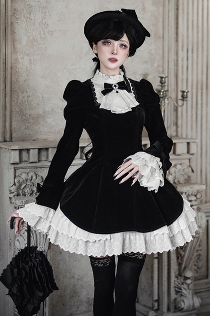 エレガントスリムコントラストカラーツインドレス+カラー+リボン+ブローチ+ハット