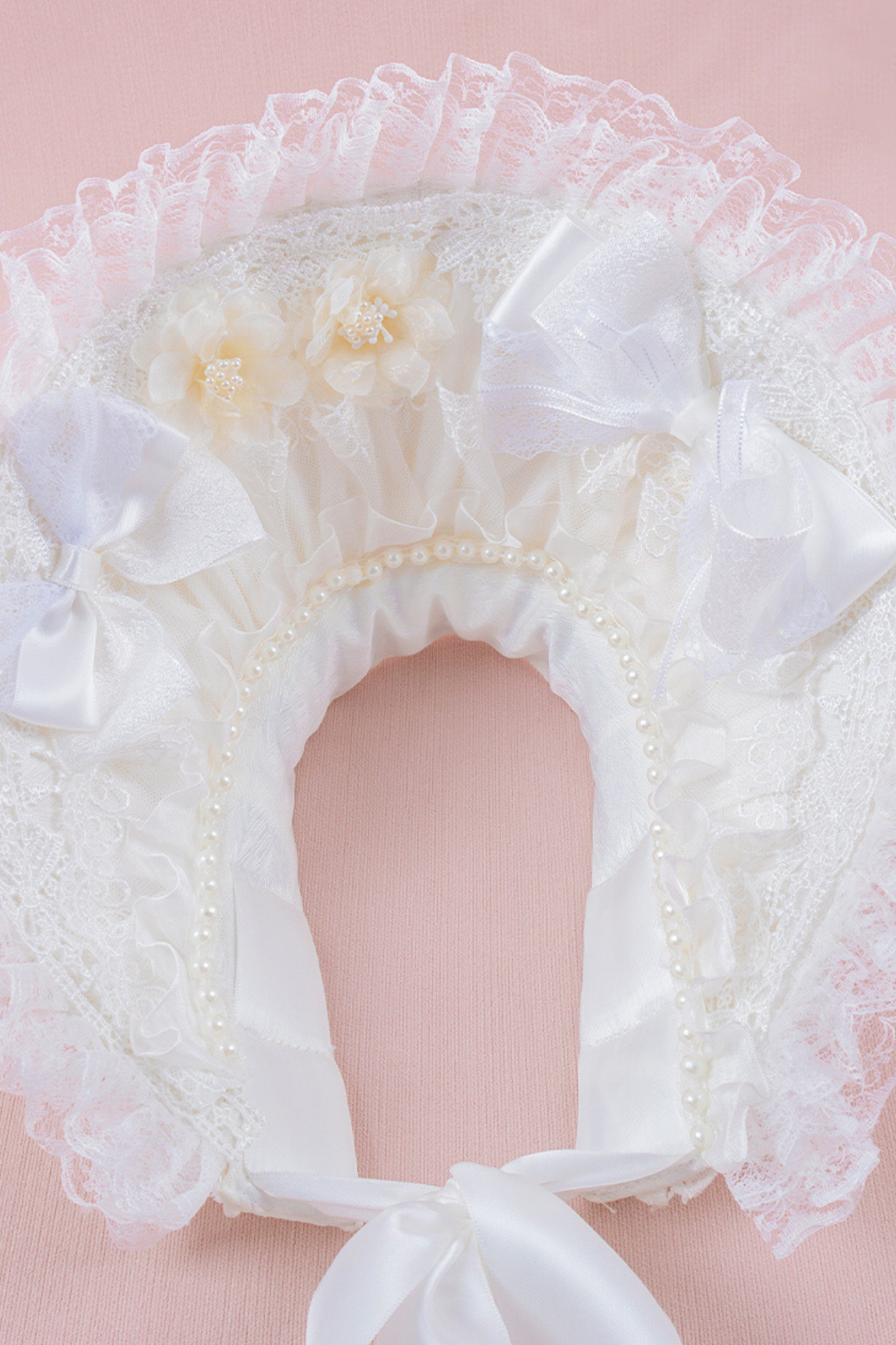 ホワイトレースブライダルスタイルボンネット+ヘアバンド+クリップ+スリーブ