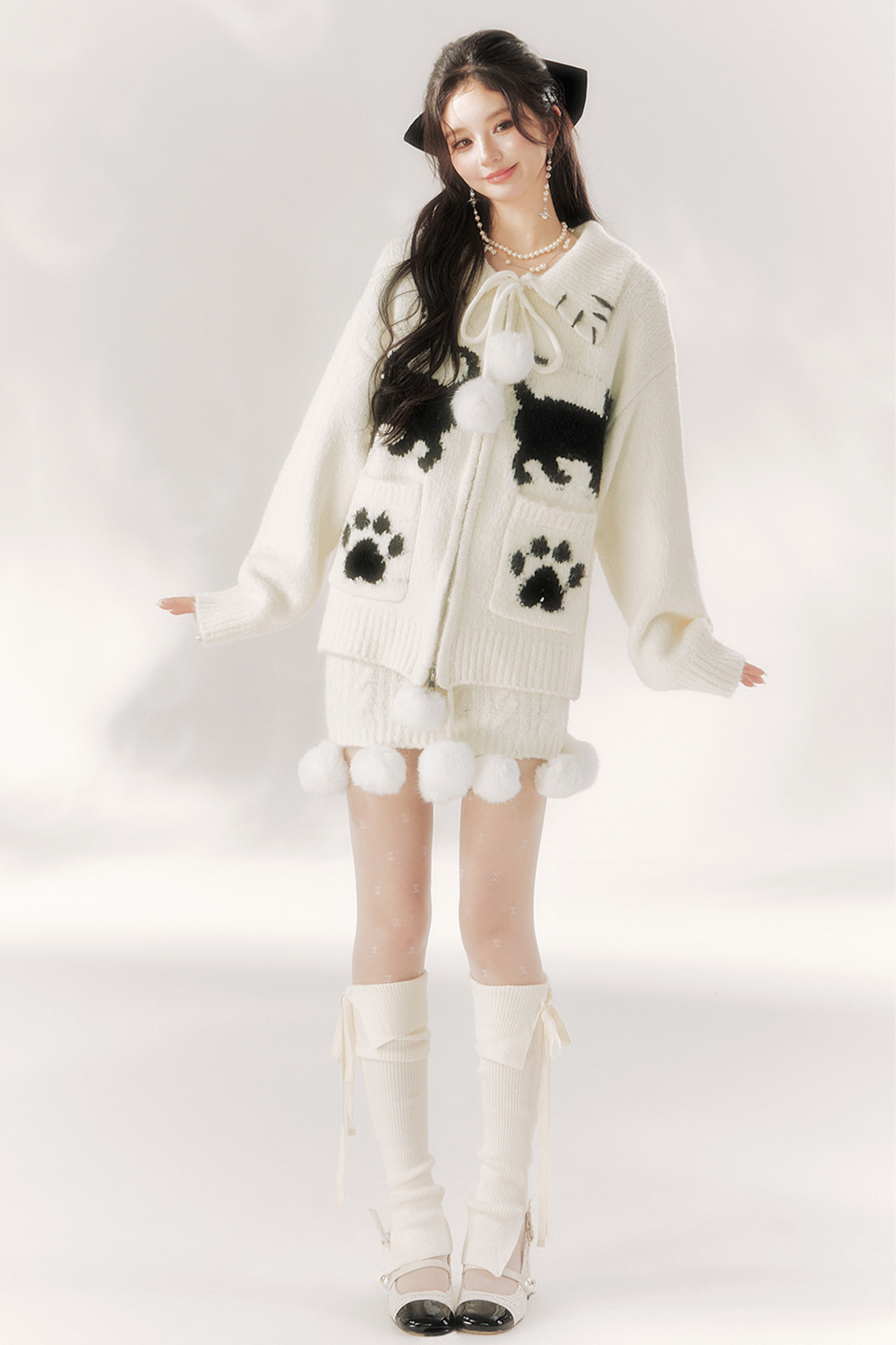 Cat Ball French Knit Sweater + Fur Skirt