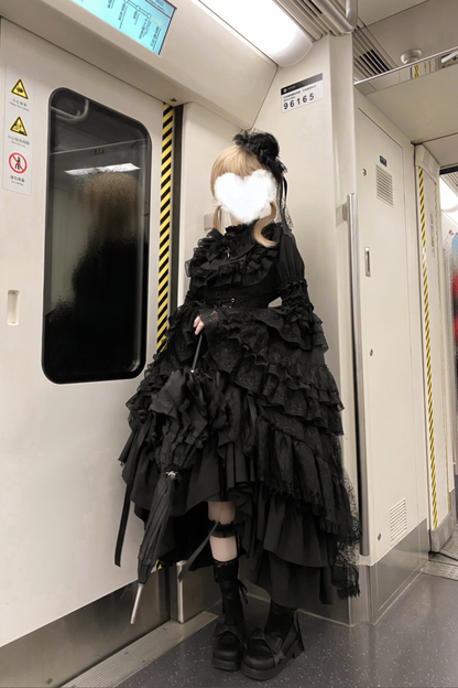 ゴシックスーパーゴージャスジスリーブロリータシャツ+フリルスカート+ハット