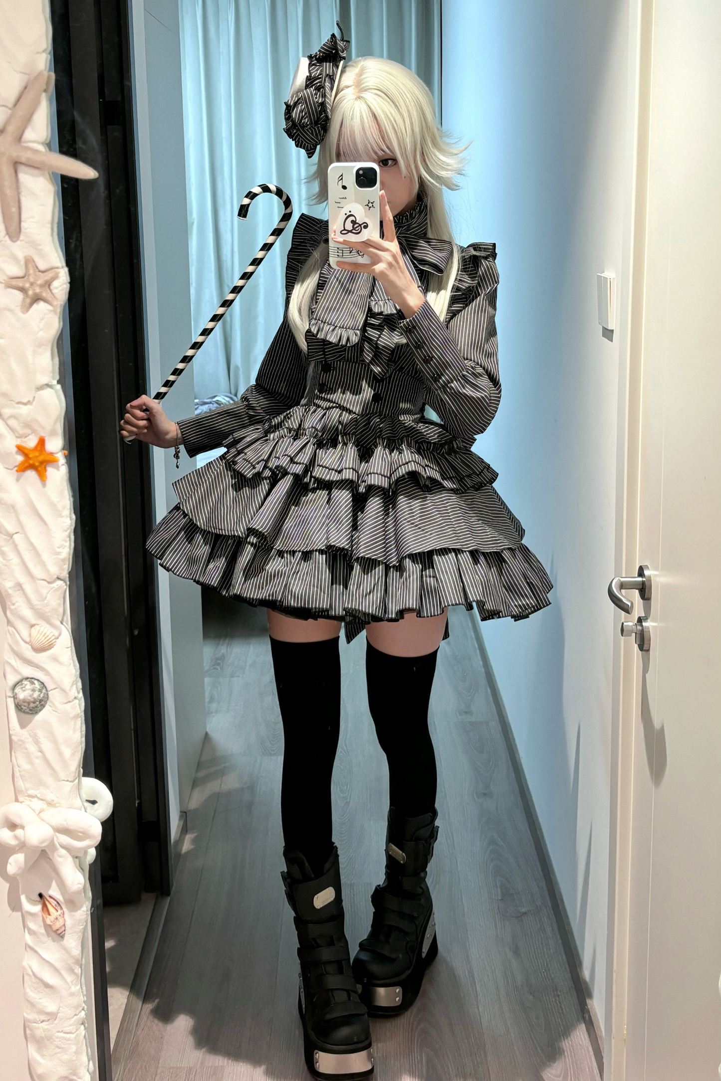 ストライプゴシックロリータシャツ+ケーキスカート