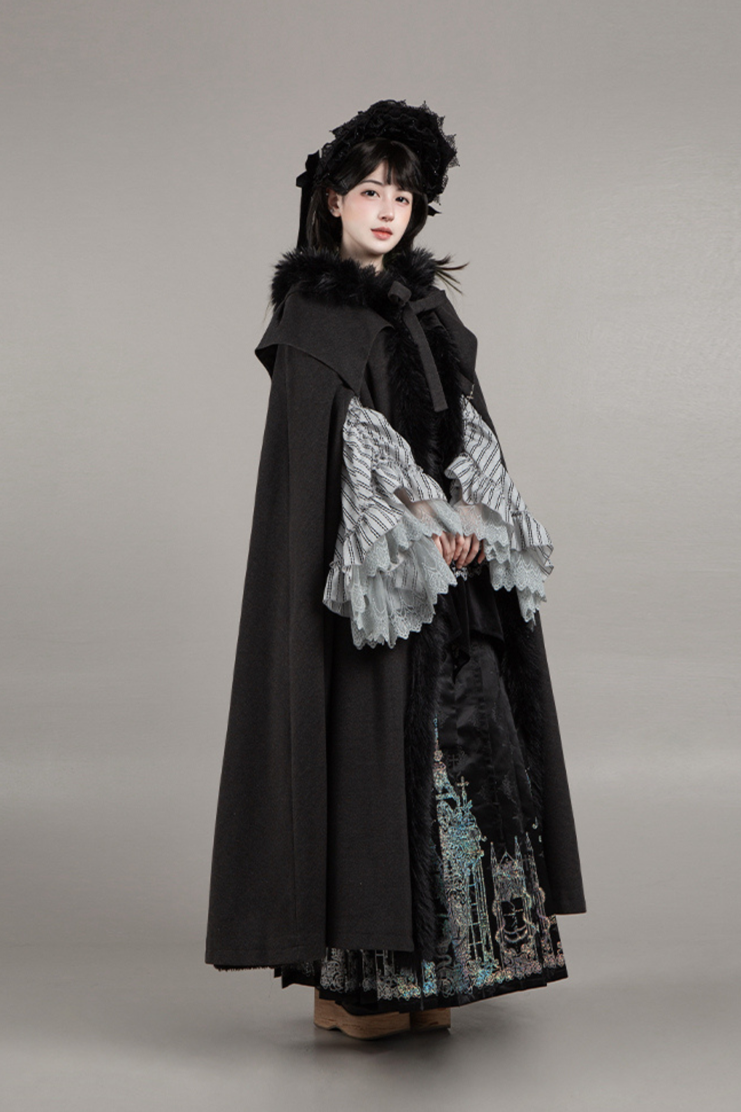 ダークゴシックフリースフードマント