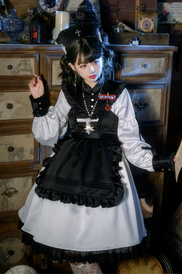 ランタンエンジェルメイドロリータドレス＋エプロン＋つけ襟
