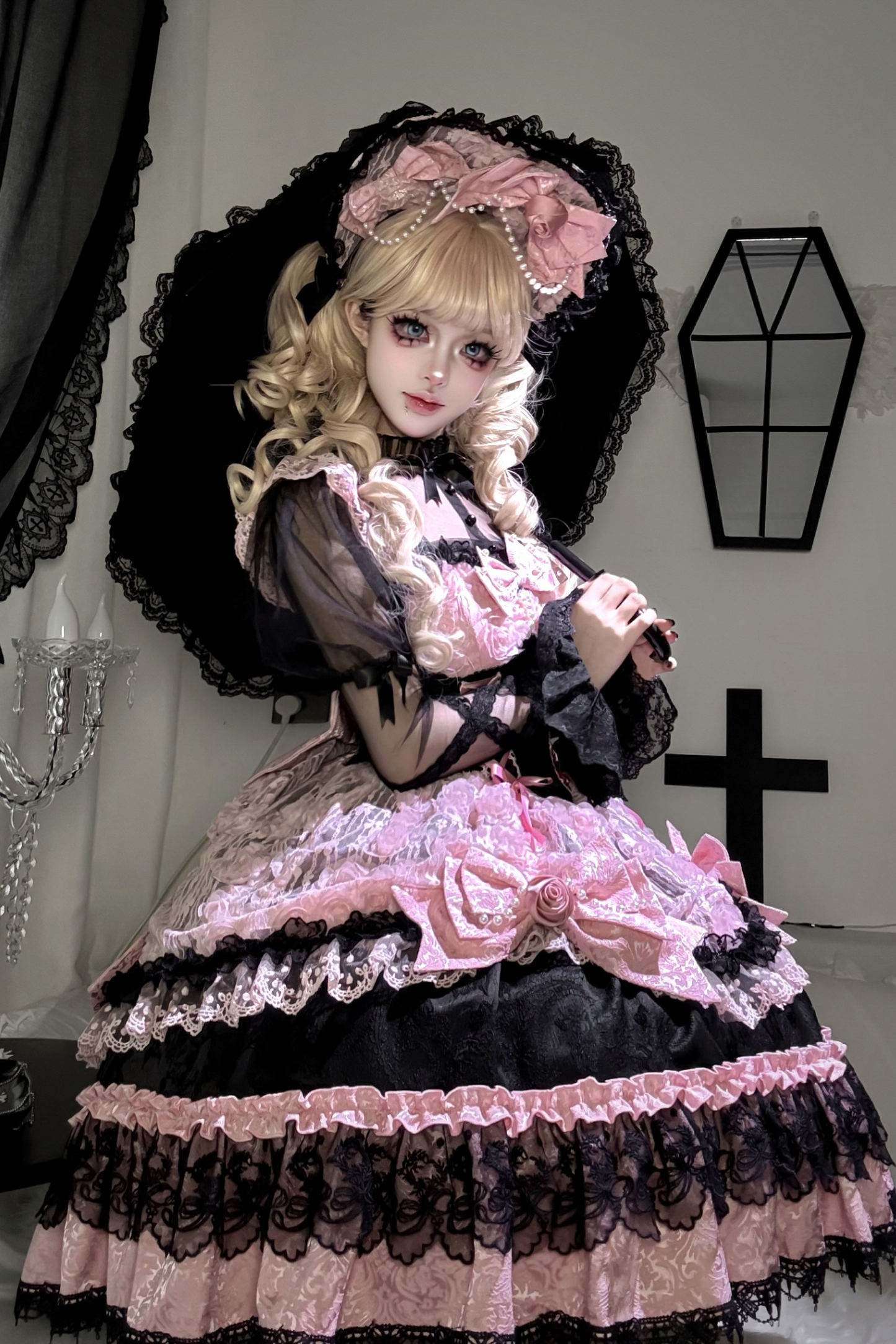 ローズフリルプリンセスジャンパースカート+バッグリボン+ボンネット