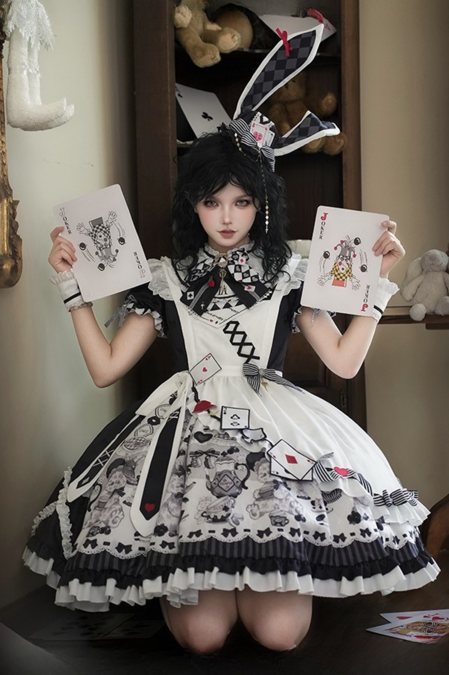 【数量限定】アリスティーパーティーアシメエプロンドレス＋うさ耳ハットドレスフルセット