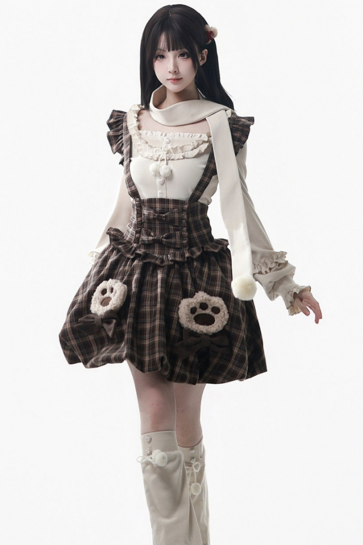 ベルベットベアフードケープ+トップス+サスペンダースカート+レッグカバー