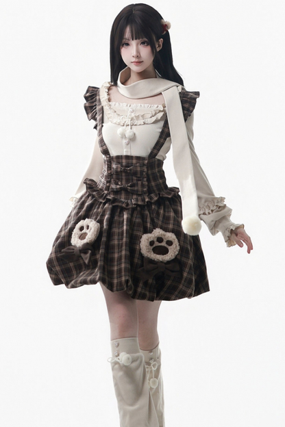 ベルベットベアフードケープ+トップス+サスペンダースカート+レッグカバー