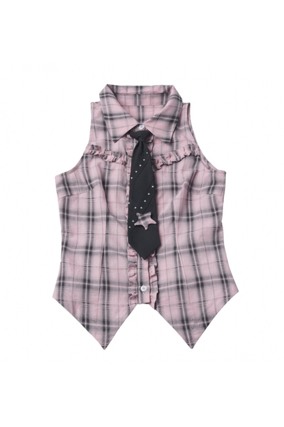 Plaid Sleeveless Shirt + Top + Tiered Skirt