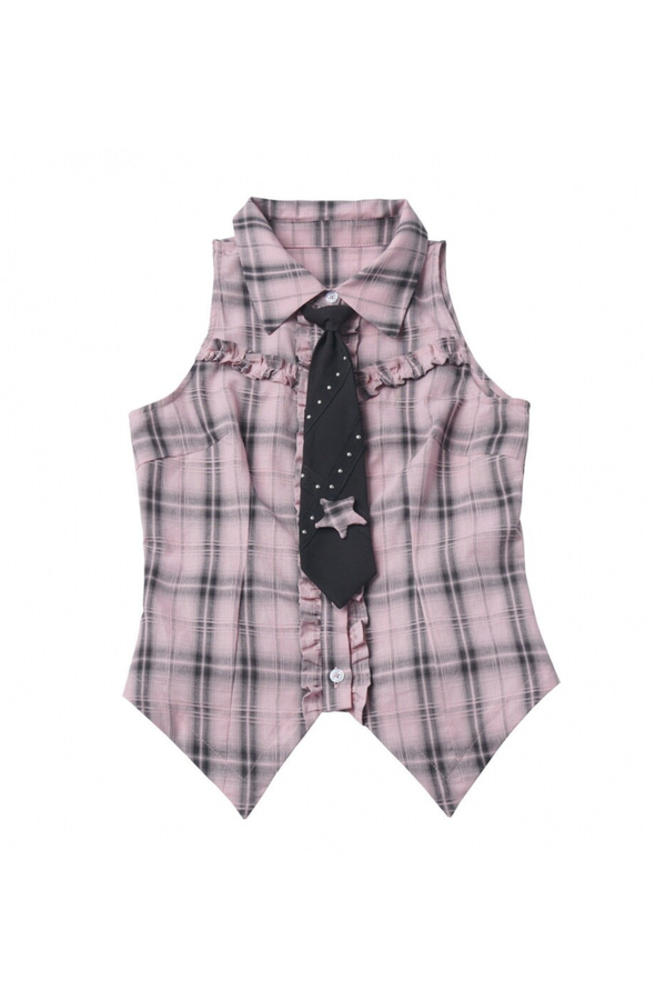 Plaid Sleeveless Shirt + Top + Tiered Skirt