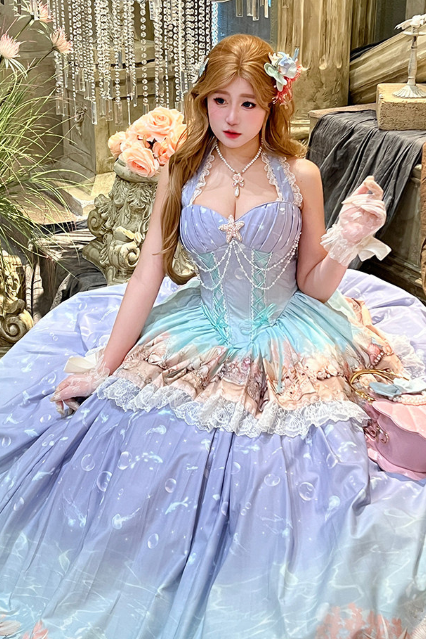 グラデーションバブルハルターネックフレンチドレス+スカート