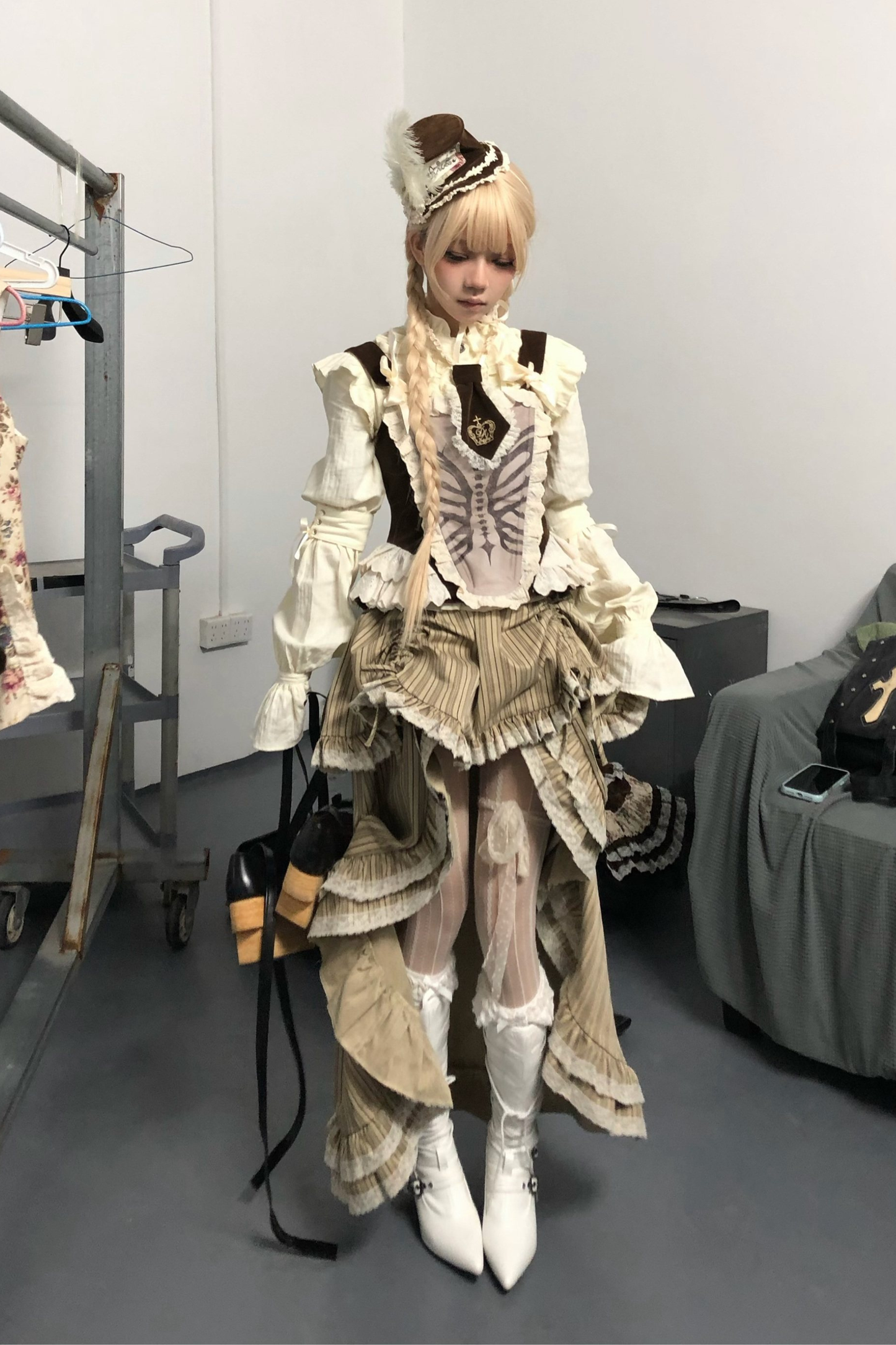 스트라이프 레이스 티어드 스커트