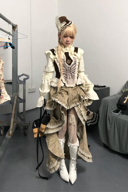 스트라이프 레이스 티어드 스커트