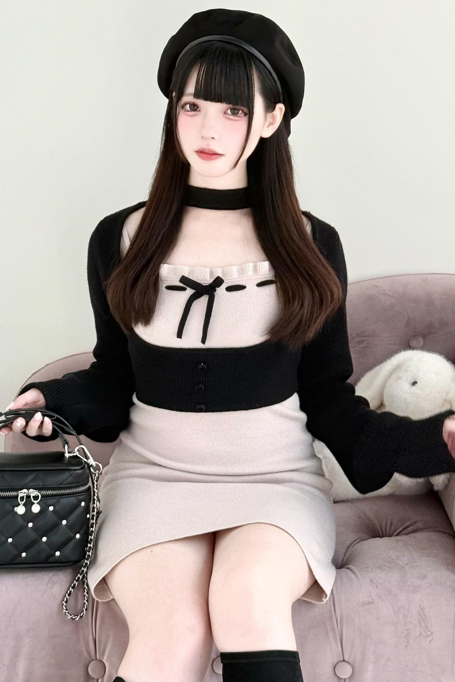 ショートニットカーディガン+タイトドレス