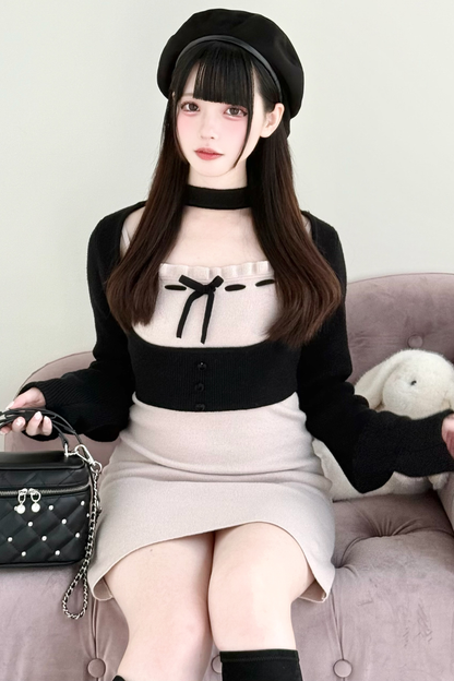 ショートニットカーディガン+タイトドレス