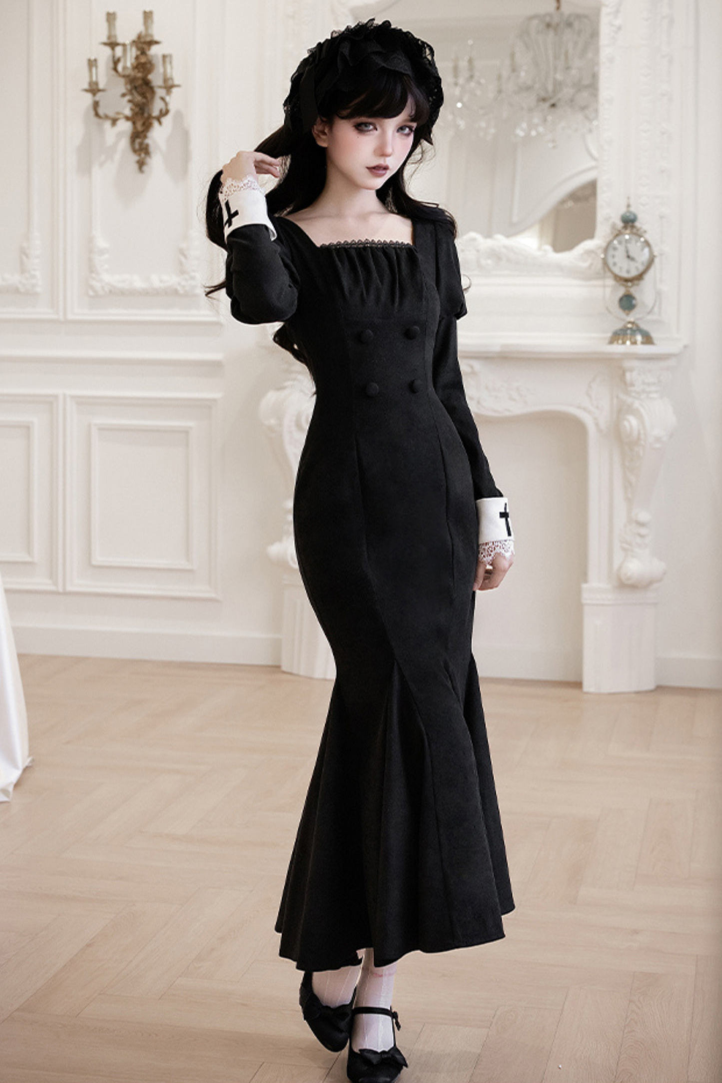 シックマーメイドドレス+レースアップショートドレス+マントコート+カラー+リボンブローチ