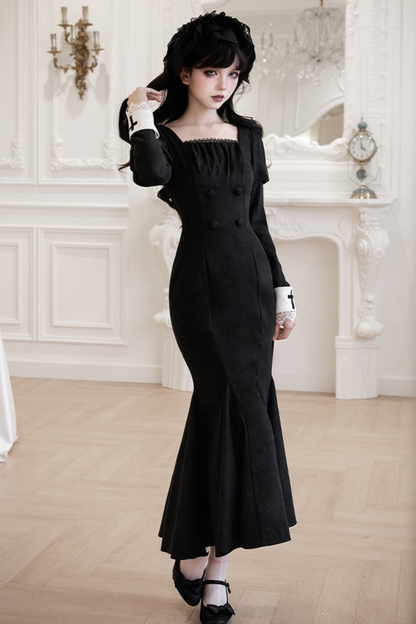 シックマーメイドドレス+レースアップショートドレス+マントコート+カラー+リボンブローチ