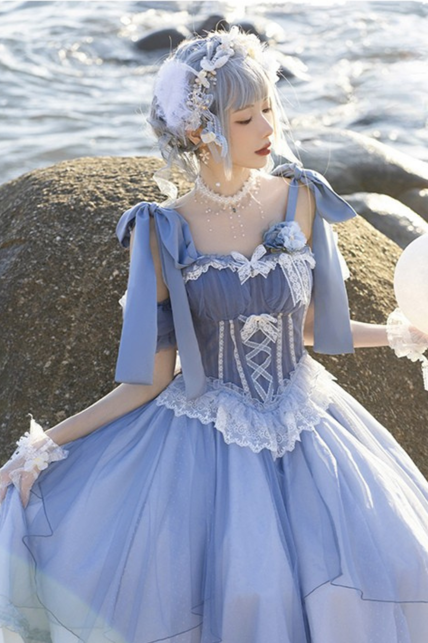 [Reservation Deadline: March 18] Gradient Blue Elegant Split Bustier Dress Setup + Accessories