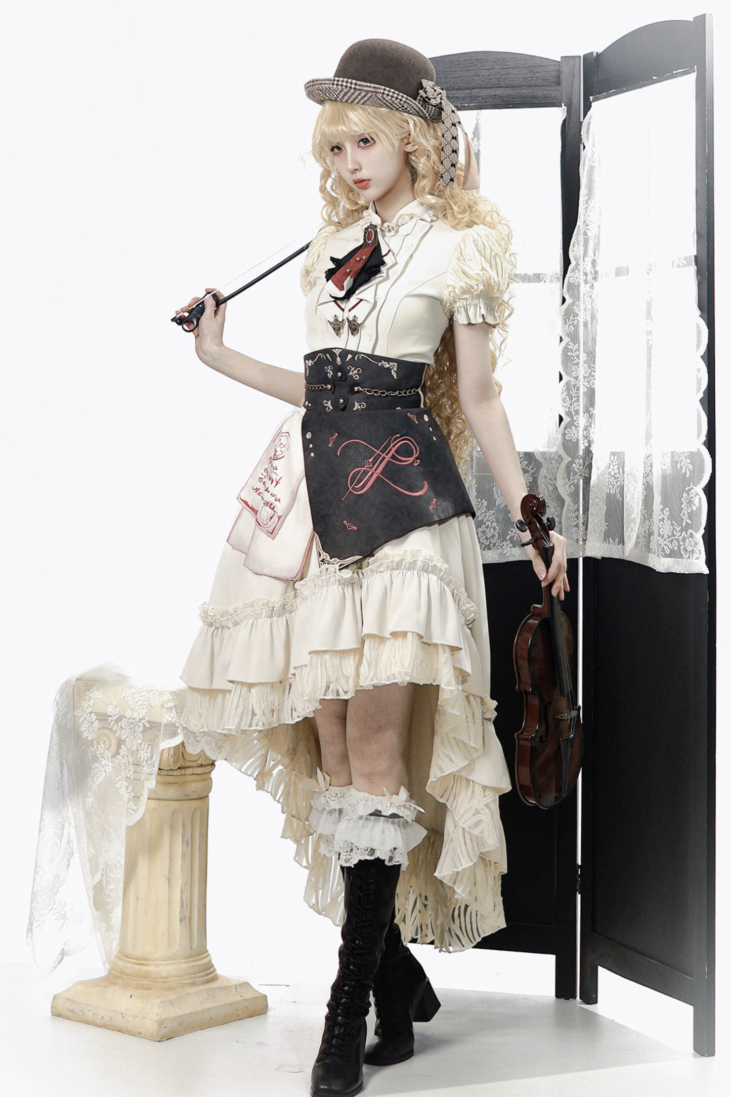 Vintage Lolita Puff Sleeve Top + Asymmetrical Skirt + Corset