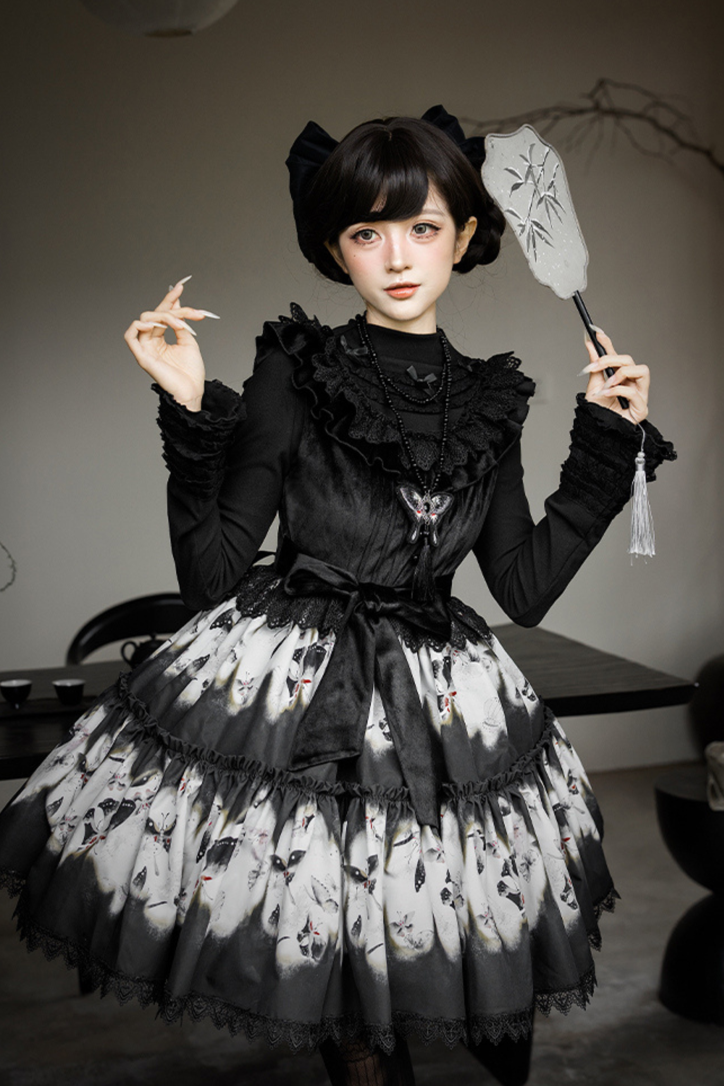 シックバタフライプリントスイングロリータドレス+ジャンパースカート+ヘアバンド+インナー+リボン